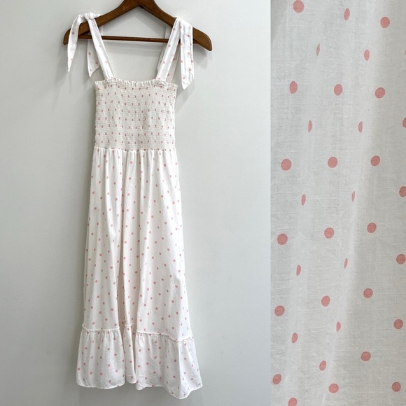 Peixoto Smocked Midi Dress Ruffle Hem White Pink Polka Dot 100% Cotton Size XS - Picture 1 of 9